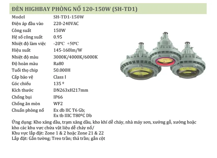 Th&ocirc;ng số nổi bật của đ&egrave;n highbay chống nổ 120W