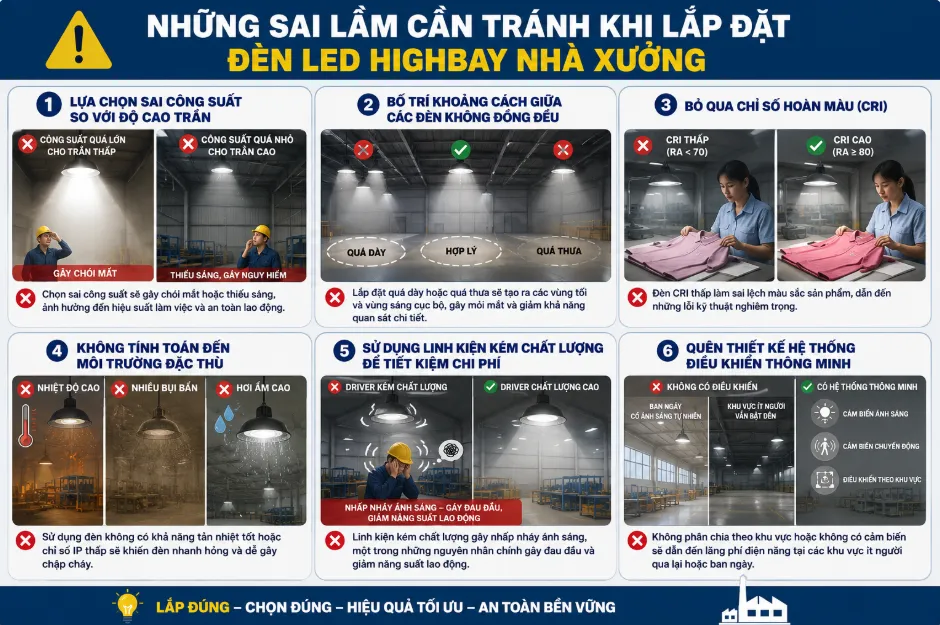 Những sai lầm cần tránh khi lắp đặt đèn led highbay nhà xưởng