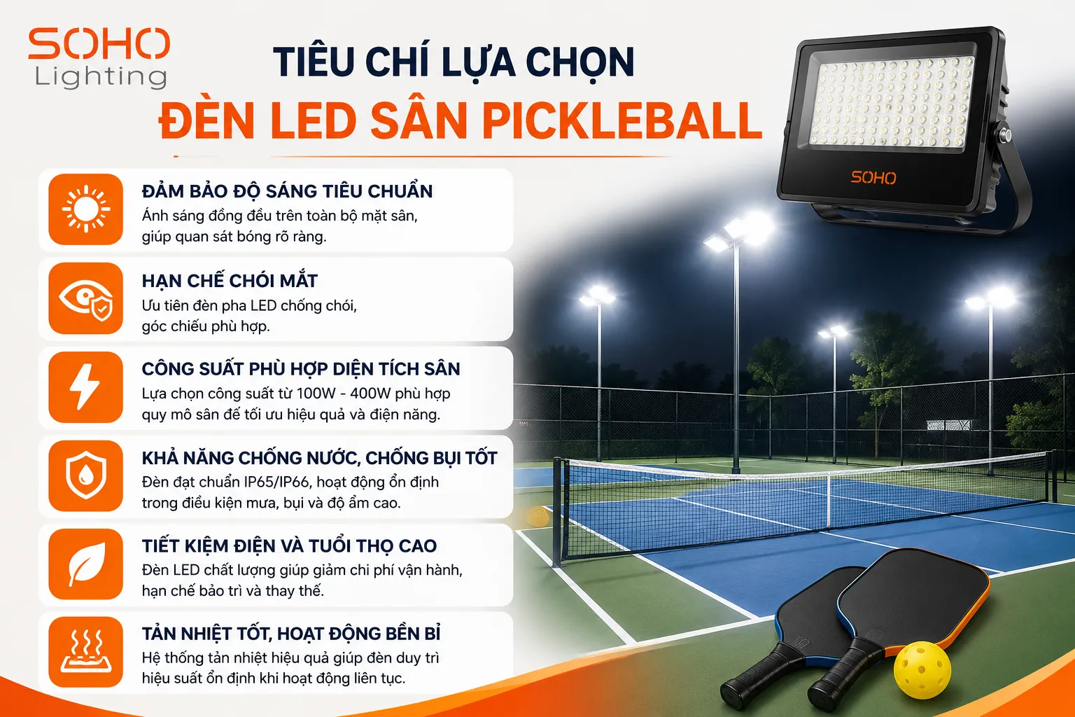 Tiêu chí lựa chọn đèn LED sân Pickleball phù hợp Tiêu chí lựa chọn đèn LED sân Pickleball phù hợp