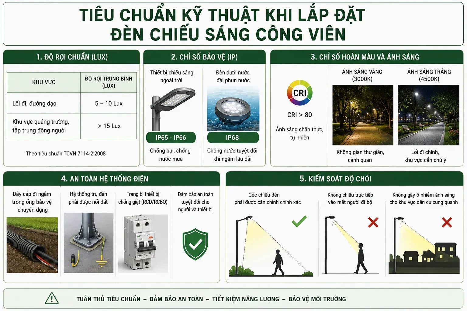 Ti&ecirc;u chuẩn kỹ thuật khi lắp đặt đ&egrave;n chiếu s&aacute;ng c&ocirc;ng vi&ecirc;n