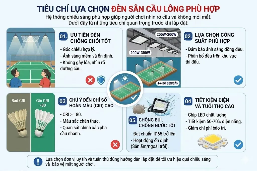 Tiêu chí lựa chọn đèn sân cầu lông phù hợp