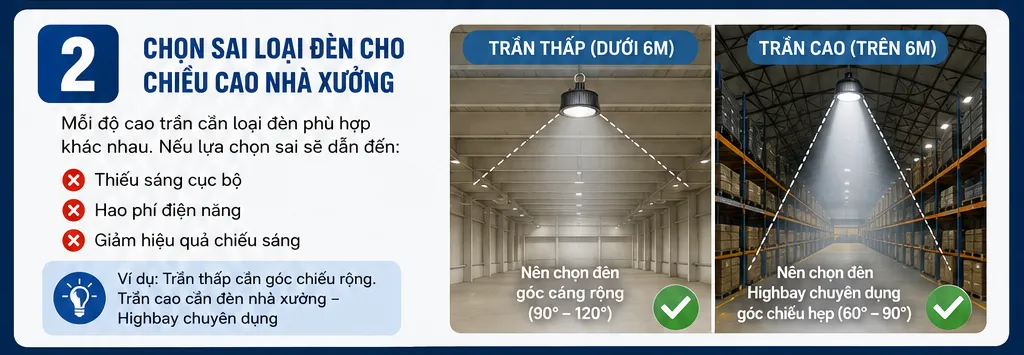 Lắp đặt sai loại đ&egrave;n so với chiều cao trần xưởng