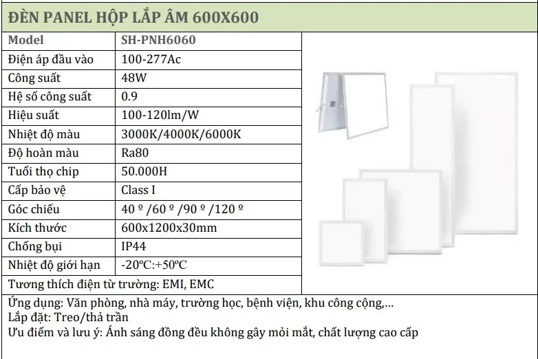 Đèn panel 60x60cm lắp âm trần thả
