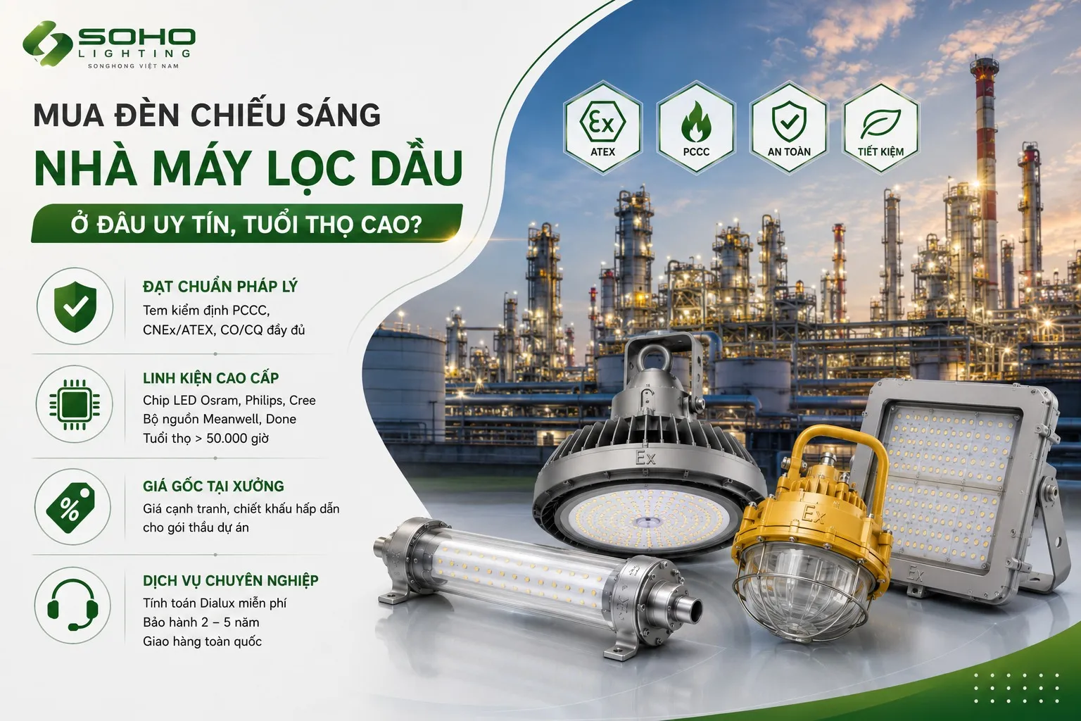 Mua đèn chiếu sáng nhà máy lọc dầu ở đâu uy tín, tuổi thọ cao?